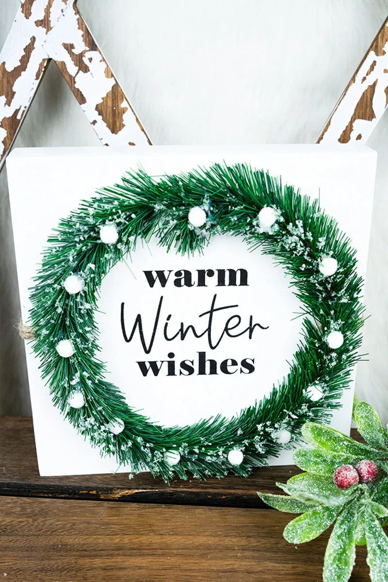 8 x 8 'Warm Winter Wishes' Christmas Wreath Wood Sign