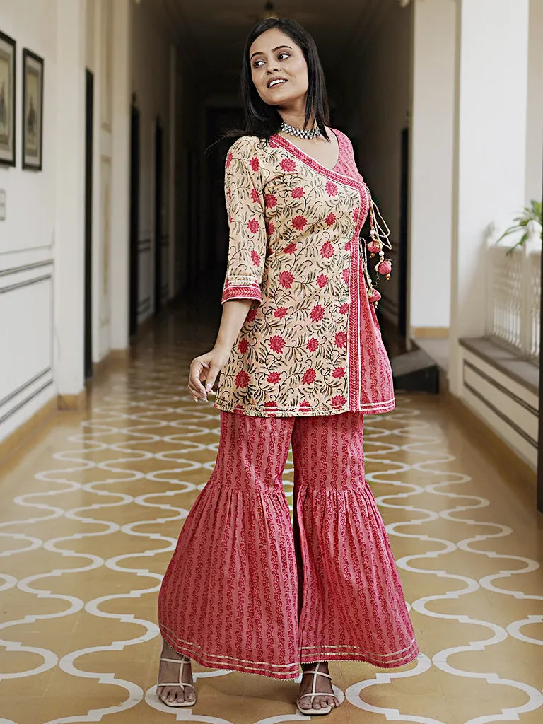 A-Line Short Printed Angrakha Pattern Embellished Kurti With Printed Cotton Sharara