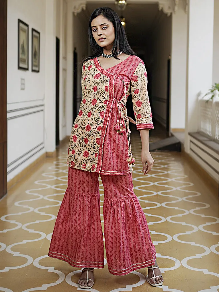 A-Line Short Printed Angrakha Pattern Embellished Kurti With Printed Cotton Sharara