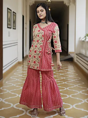 A-Line Short Printed Angrakha Pattern Embellished Kurti With Printed Cotton Sharara