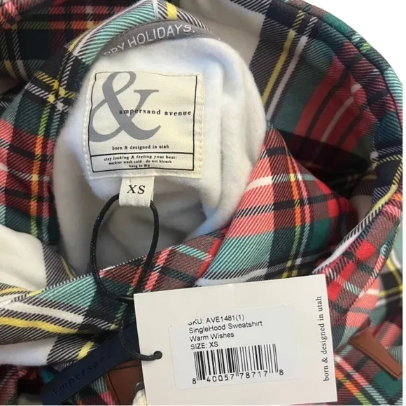 Ampersand Avenue warm wishes plaid pullover hooded sweatshirt XS NWT