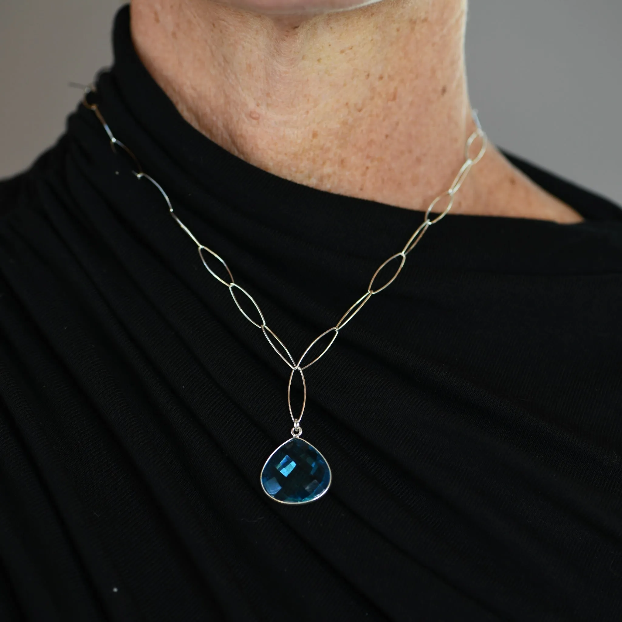 Aqua Blue Topaz Necklace 18" | Pear Pendant Sterling Silver Eye Chain | Handmade Y Necklace