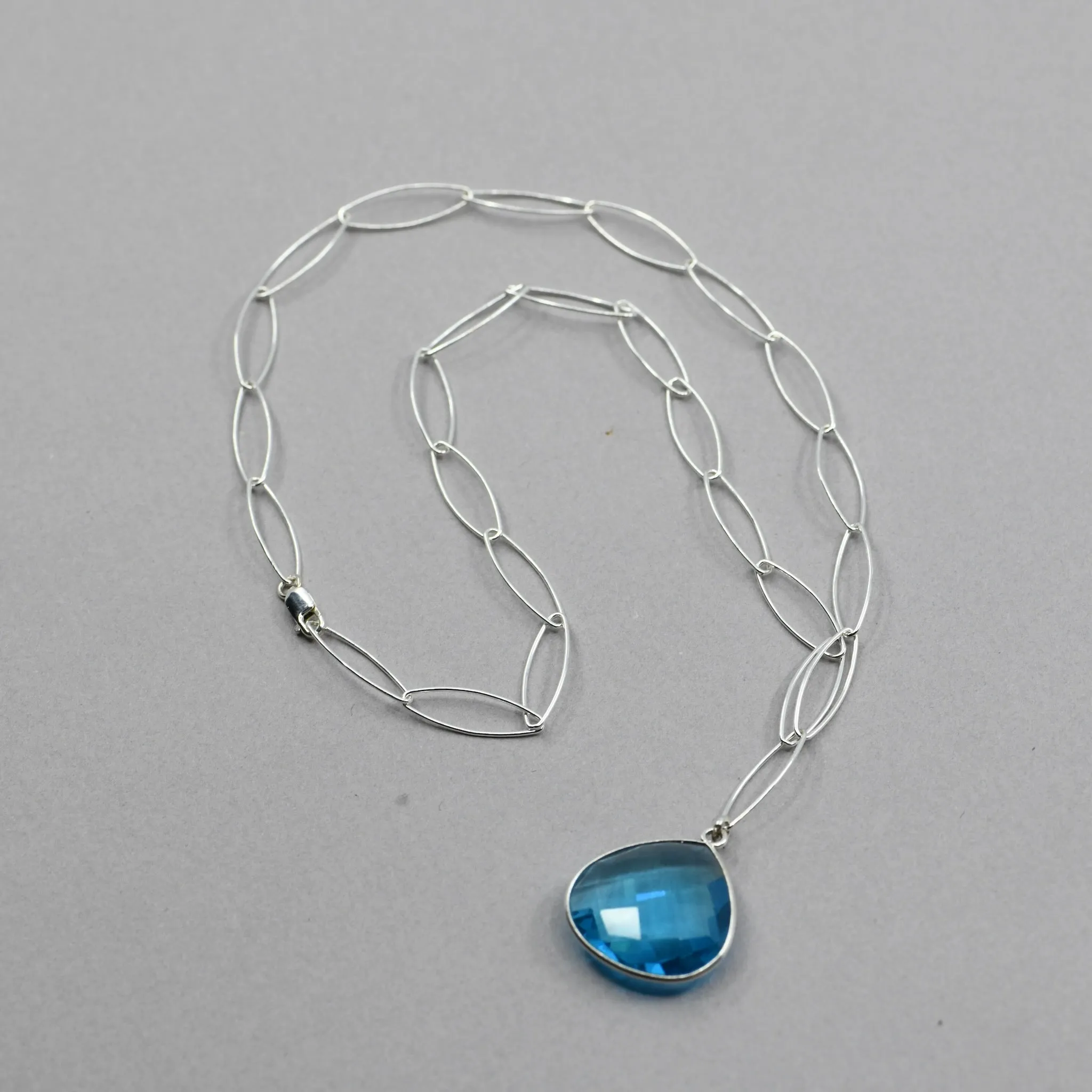 Aqua Blue Topaz Necklace 18" | Pear Pendant Sterling Silver Eye Chain | Handmade Y Necklace