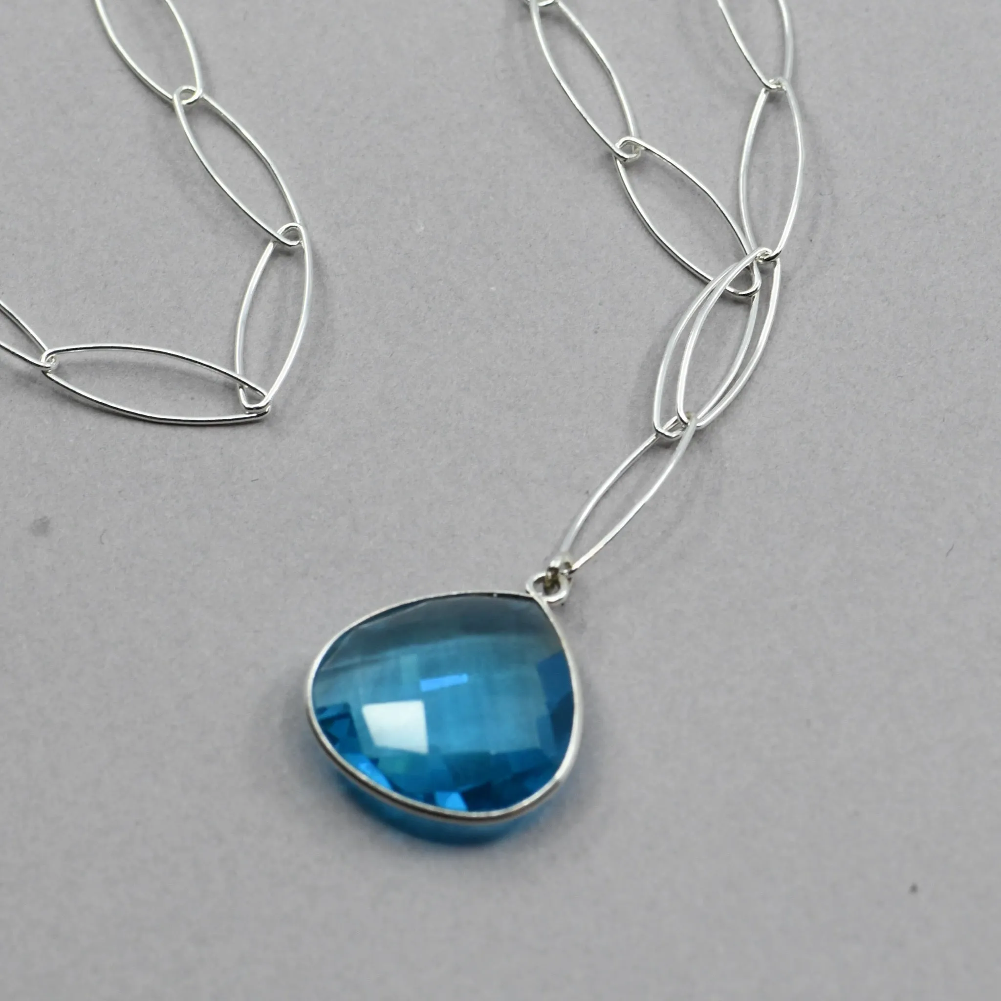 Aqua Blue Topaz Necklace 18" | Pear Pendant Sterling Silver Eye Chain | Handmade Y Necklace