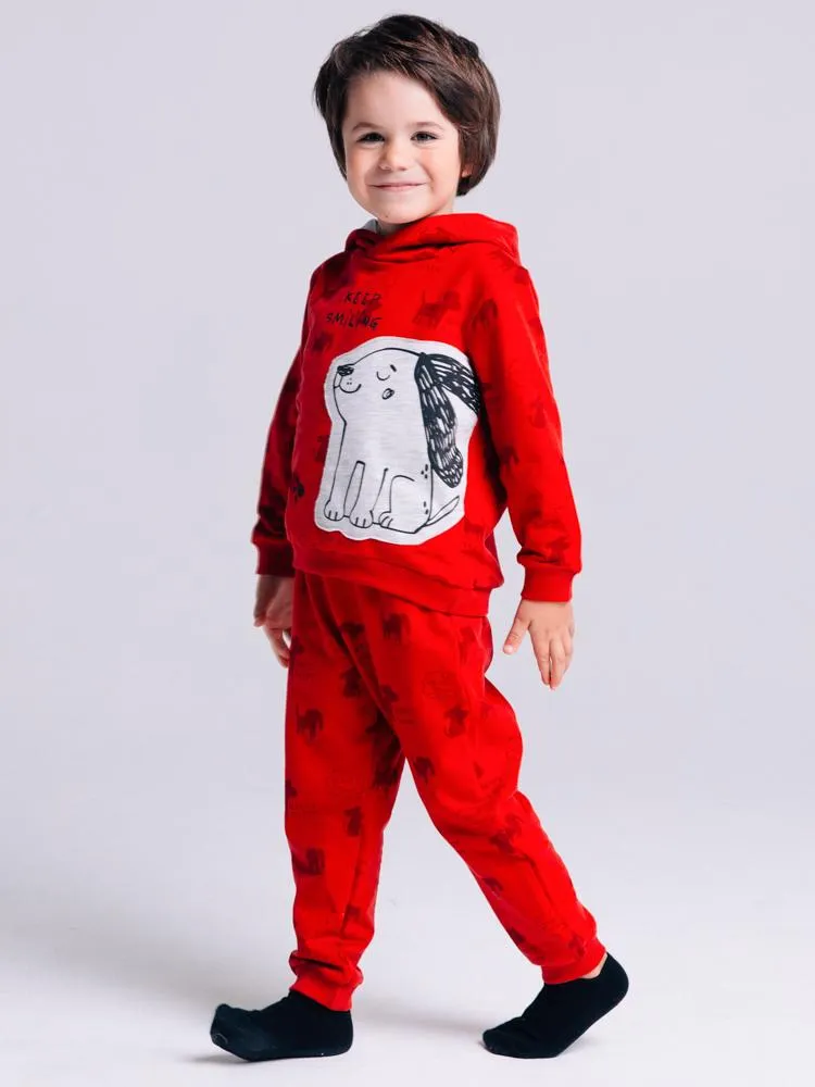 Artie - Happy Puppy Red French Terry Hoodie Top with Puppy Patch From 12 M to 4Y