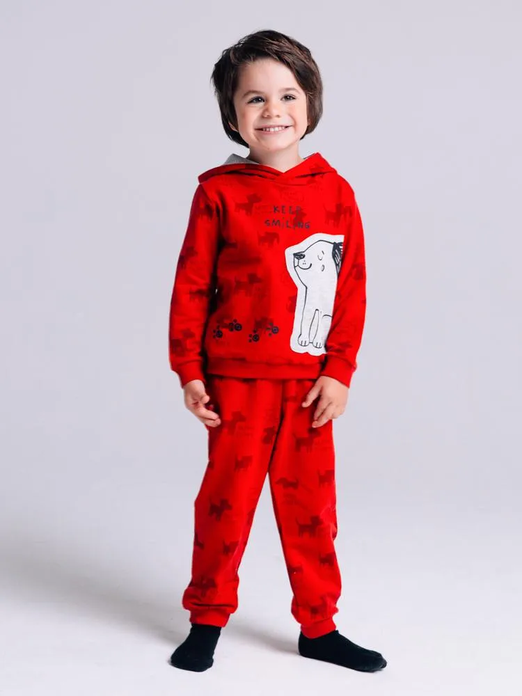 Artie - Happy Puppy Red French Terry Hoodie Top with Puppy Patch From 12 M to 4Y