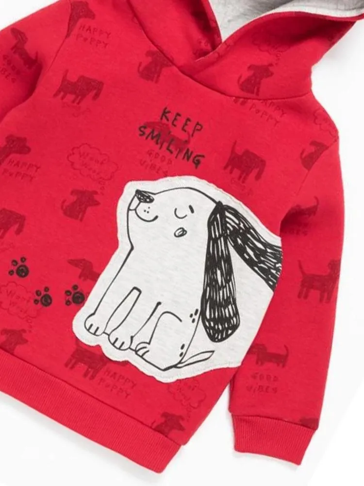 Artie - Happy Puppy Red French Terry Hoodie Top with Puppy Patch From 12 M to 4Y