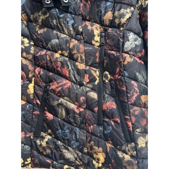 Bernardo Puffer Jacket Quilted Black Floral Womens Small Warm NWT