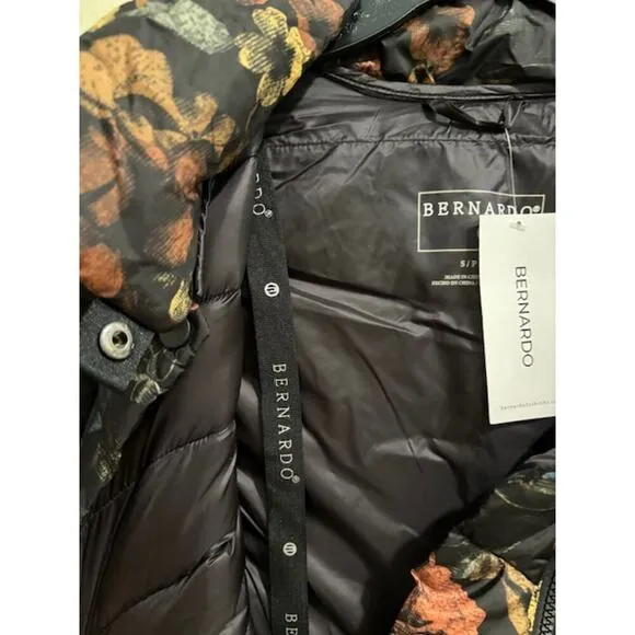 Bernardo Puffer Jacket Quilted Black Floral Womens Small Warm NWT