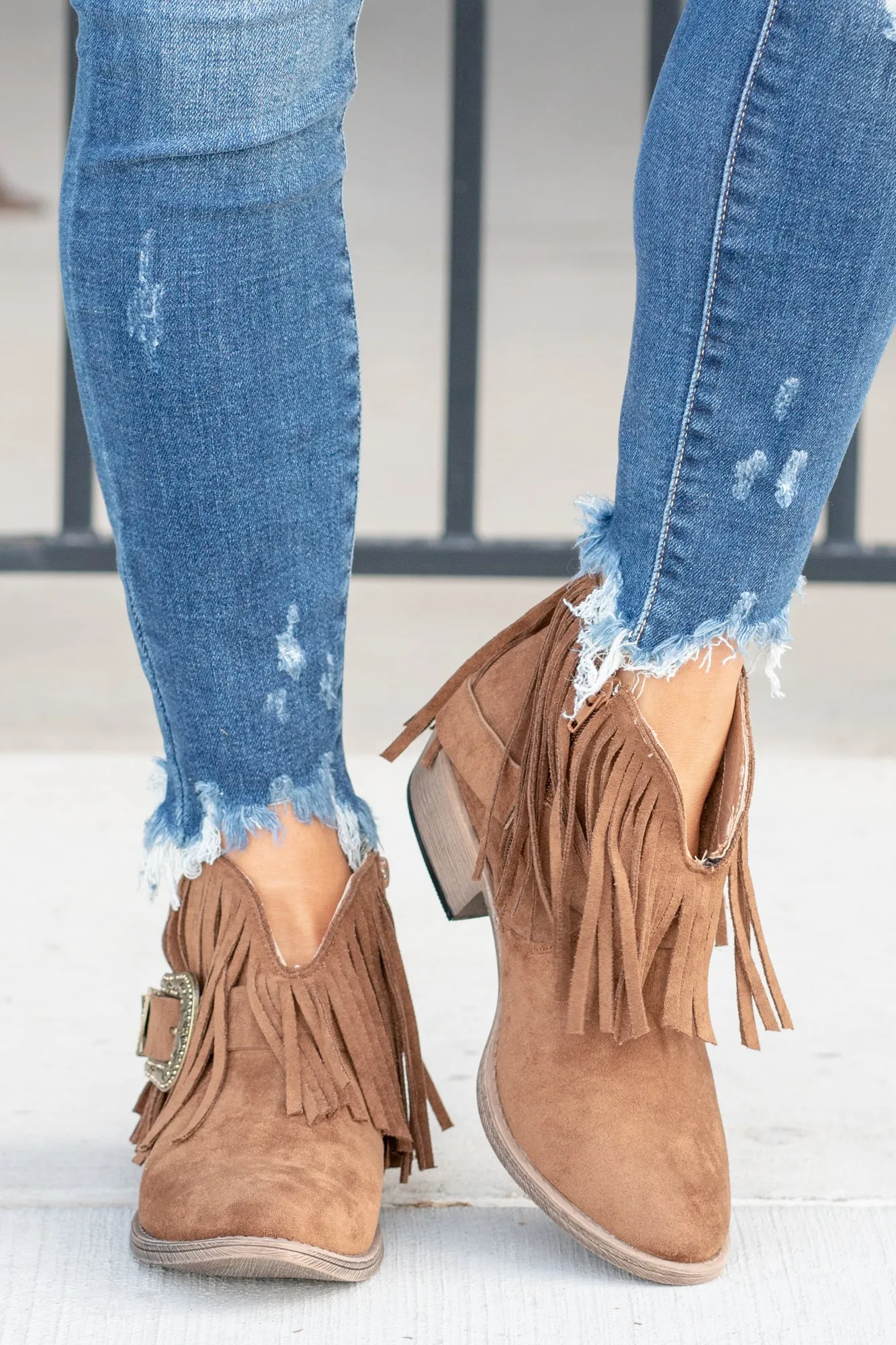 Billie Buckle Fringe Boots - Tan