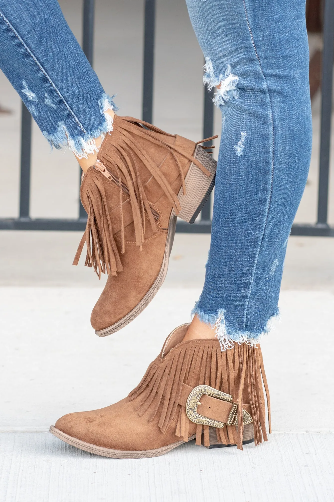 Billie Buckle Fringe Boots - Tan