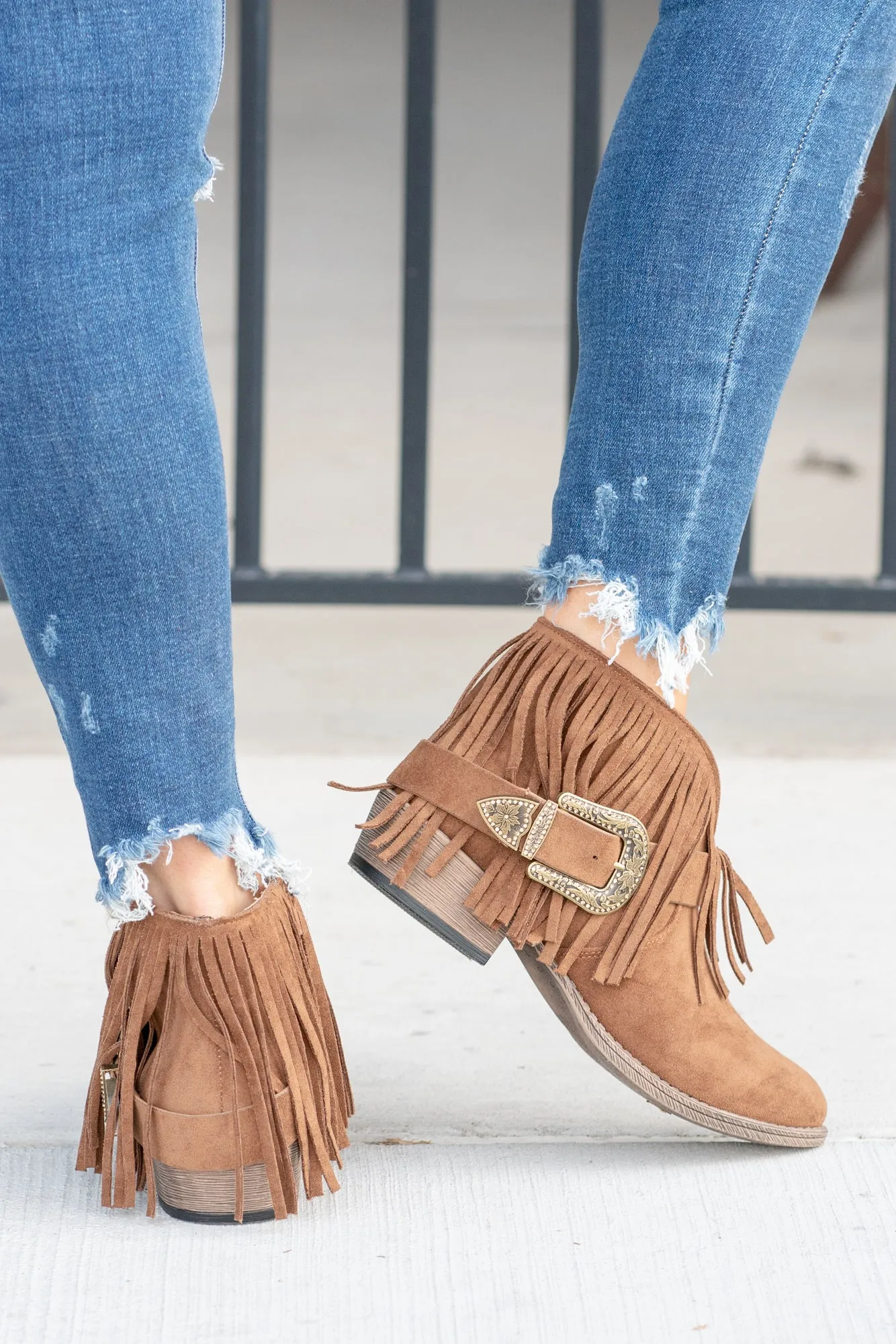 Billie Buckle Fringe Boots - Tan