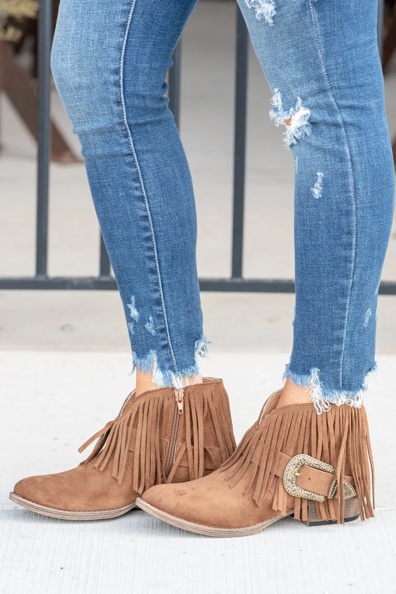 Billie Buckle Fringe Boots - Tan