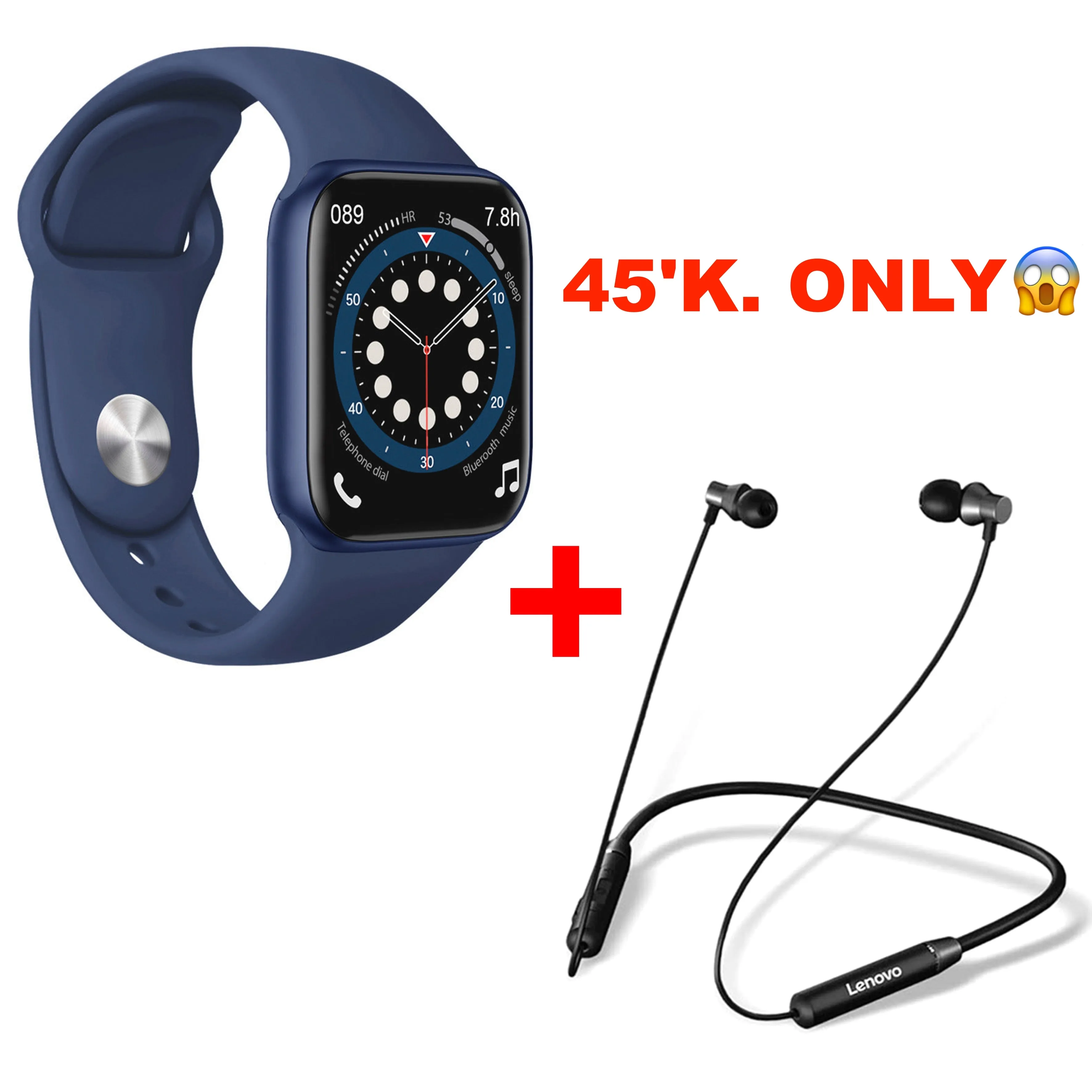 Bundle of Smartwatch and Lenovo earphones.