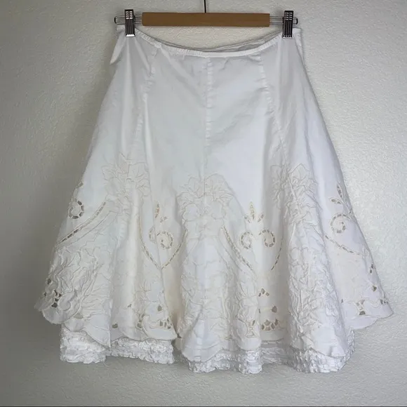 CABI Embroidered Crochet Lace Floral Full Ruffle A-Line Flare Skirt