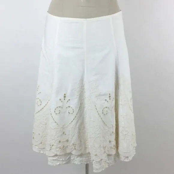 CABI Embroidered Crochet Lace Floral Full Ruffle A-Line Flare Skirt