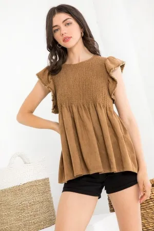 Camel Suede Smocked Top
