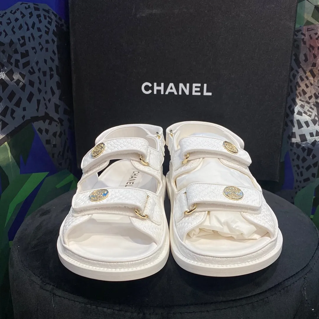 Chanel White Printed Calfskin Dad Sandal Gold Hardware