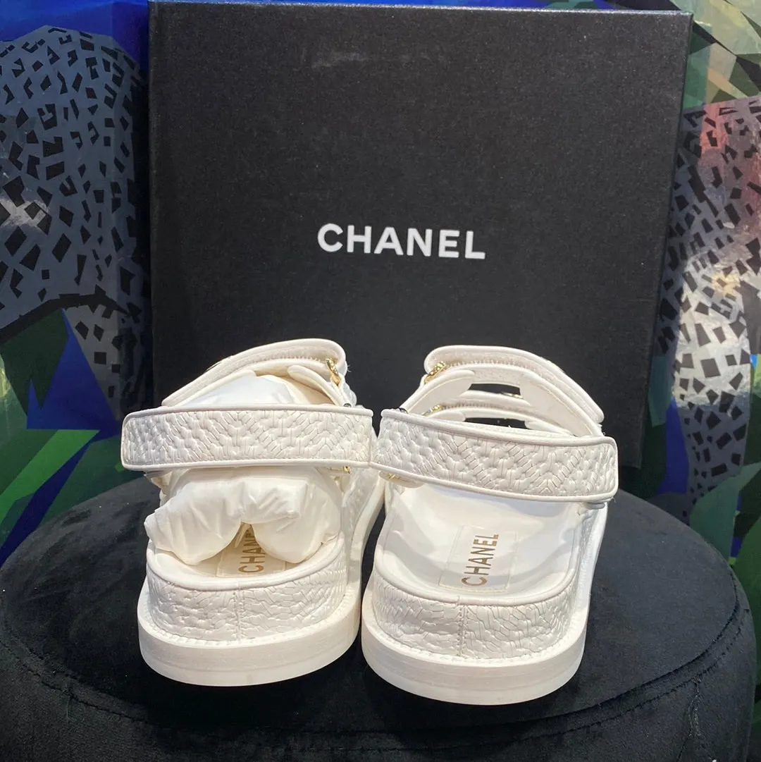 Chanel White Printed Calfskin Dad Sandal Gold Hardware