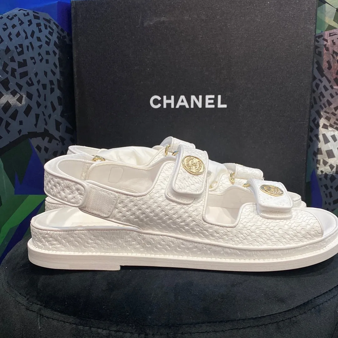Chanel White Printed Calfskin Dad Sandal Gold Hardware