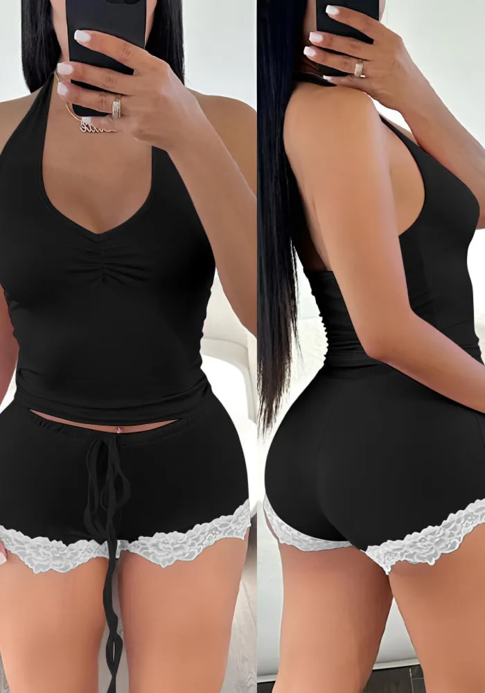 Chic V-Neck Backless Two-Piece Pajama Set with Lace Trim Shorts