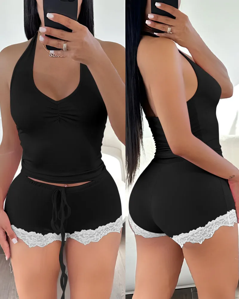 Chic V-Neck Backless Two-Piece Pajama Set with Lace Trim Shorts