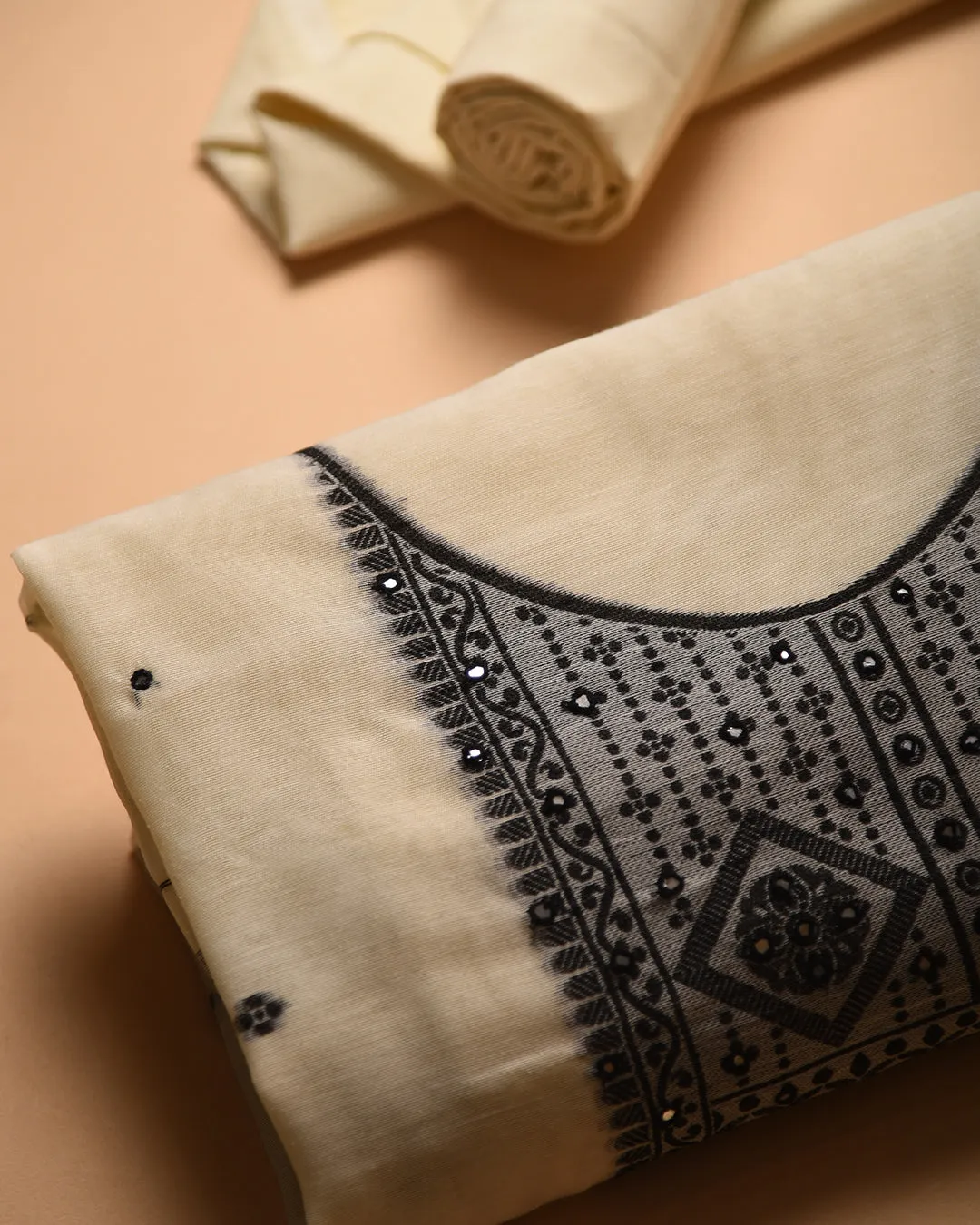 Cream Chanderi Blend Woven With Embroidery Unstitched Suit Fabric Set With Chanderi Woven Dupatta