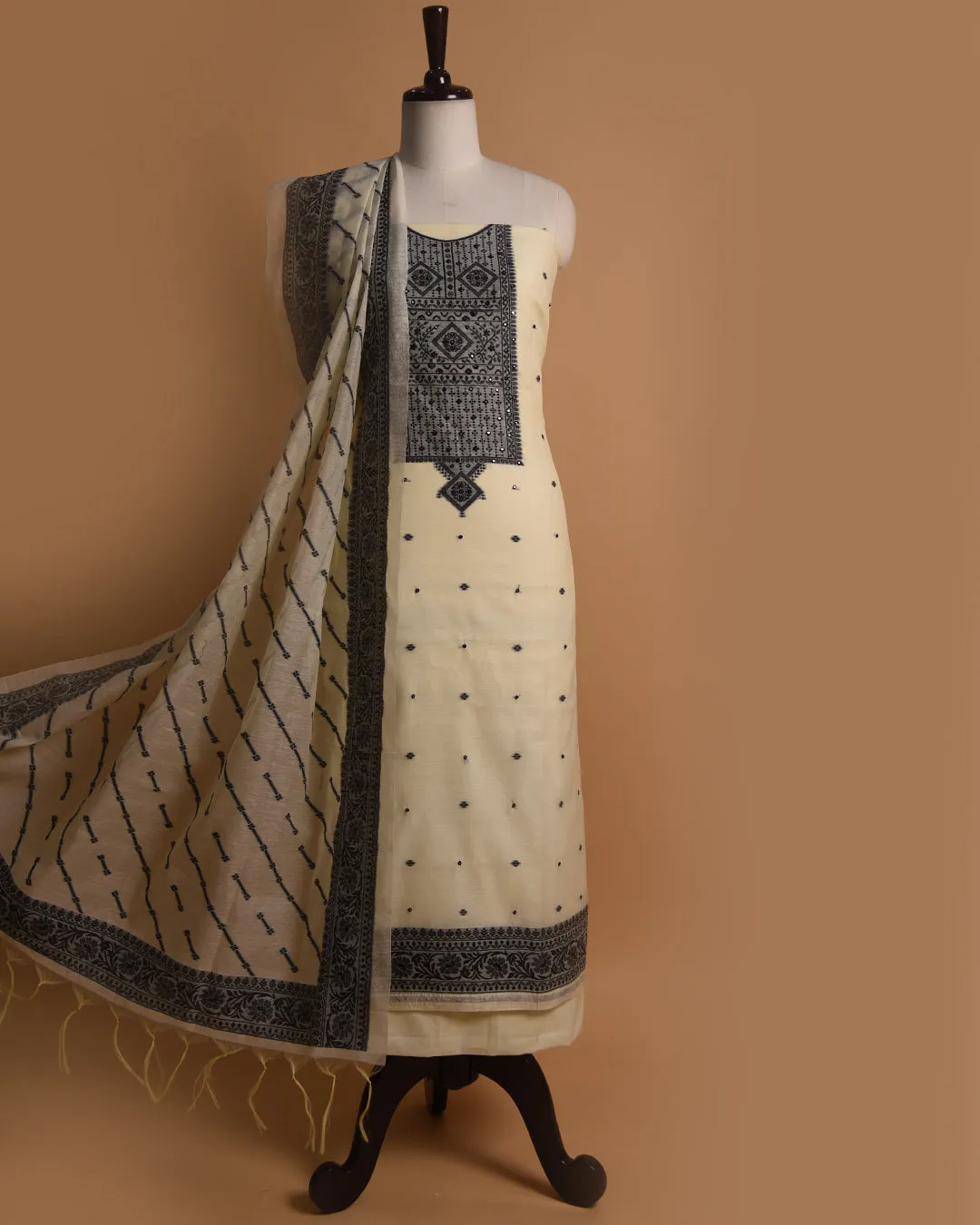 Cream Chanderi Blend Woven With Embroidery Unstitched Suit Fabric Set With Chanderi Woven Dupatta
