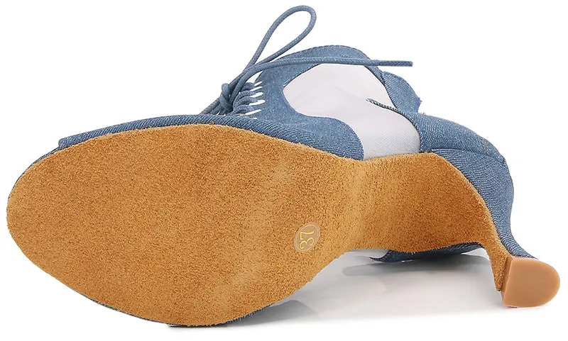 Denim Latin ballroom Dance Shoes for girls Women's Middle Heel Hollow Jazz Dance Sandals Soft Sole performance Boots