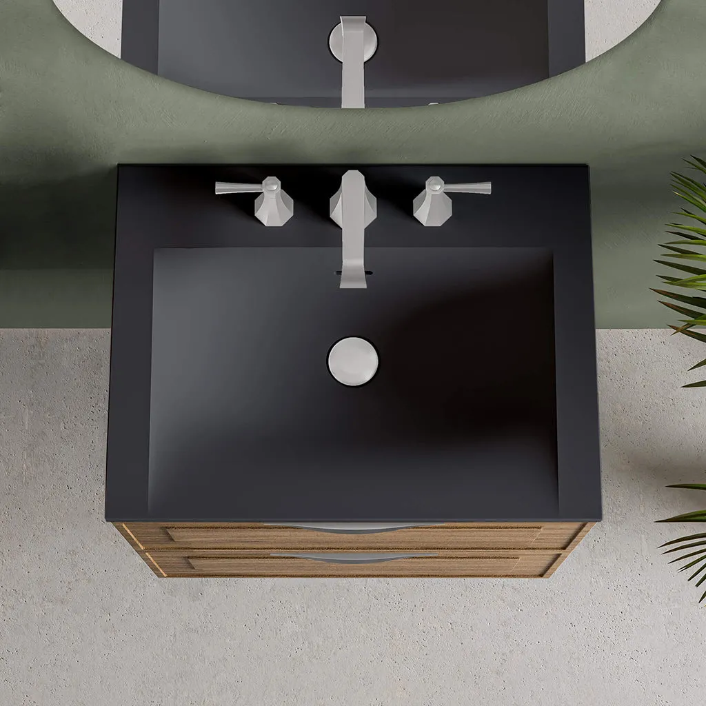 Deville 2 Drawers Bathroom Vanity with Solid Surface Matte Black without Faucet Hole - Wall Mount - 24" Mdf/Matt Warm Grey/Brushed Gold