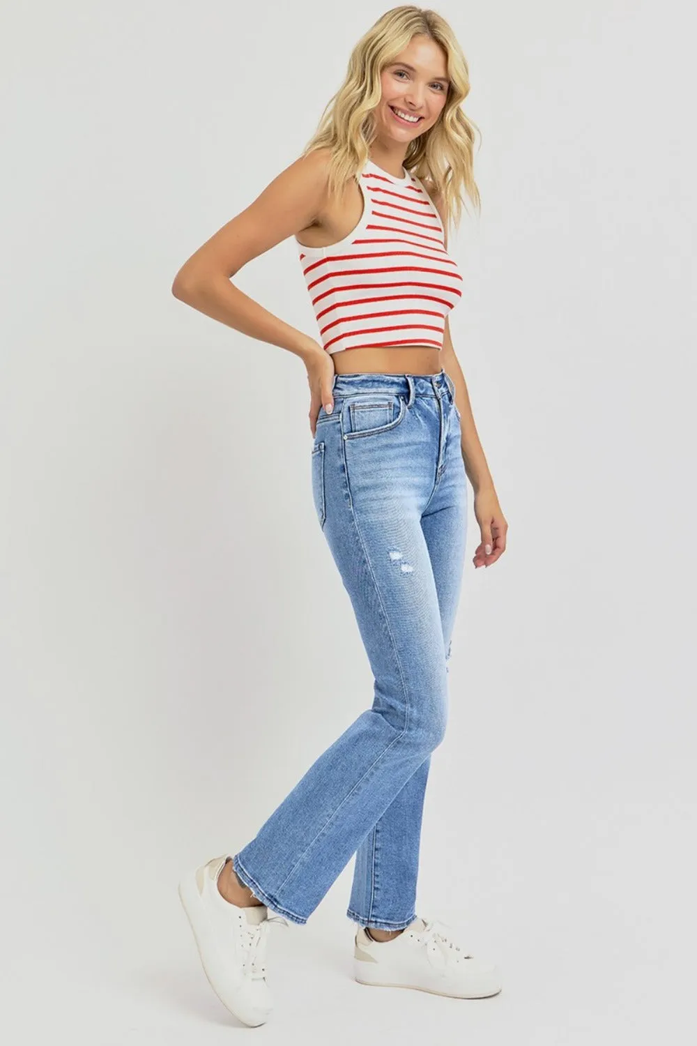 Distressed High-Rise Ankle Straight Jeans