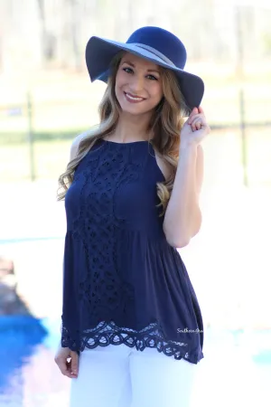 Easy Breezy Lace Tank, Navy