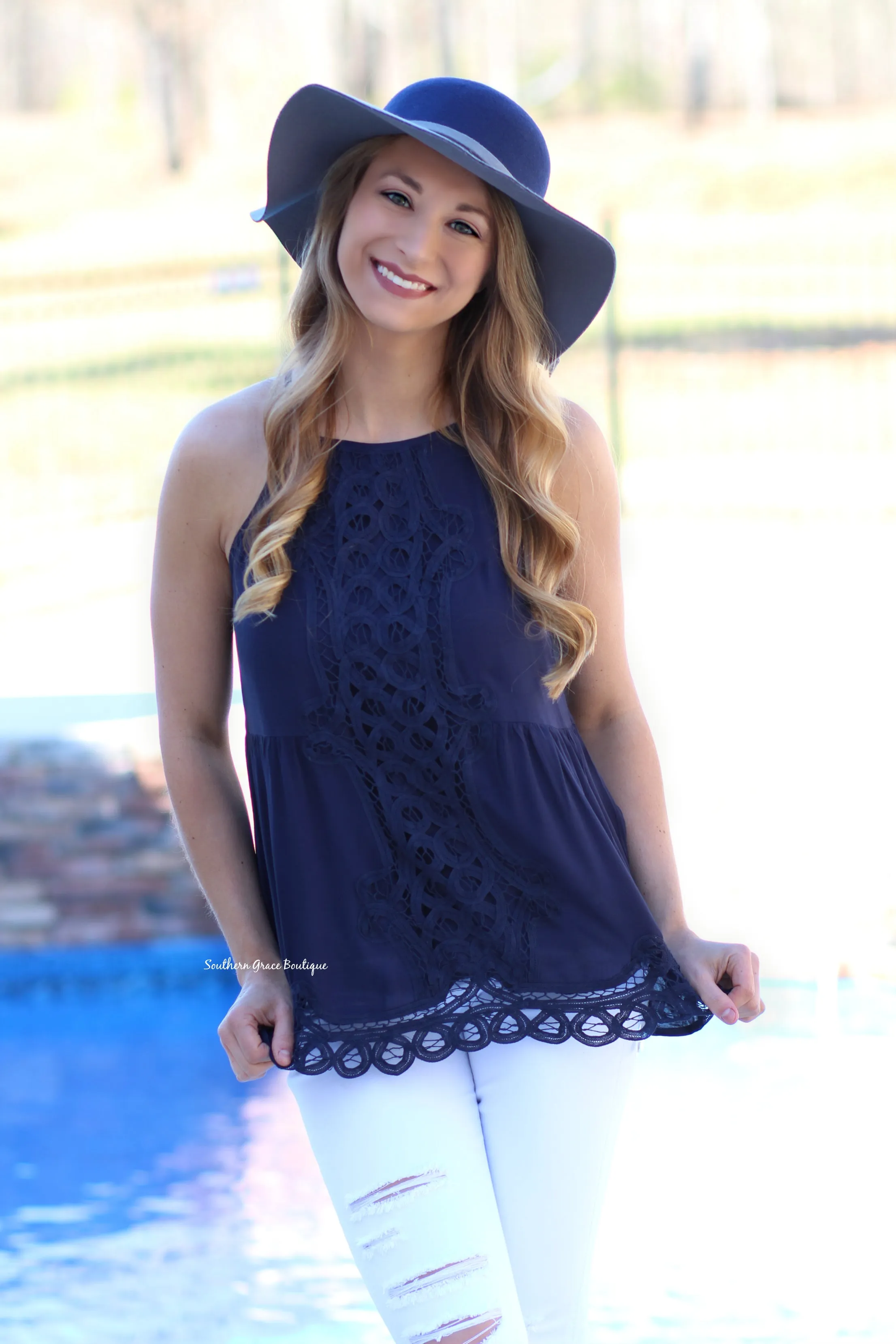Easy Breezy Lace Tank, Navy