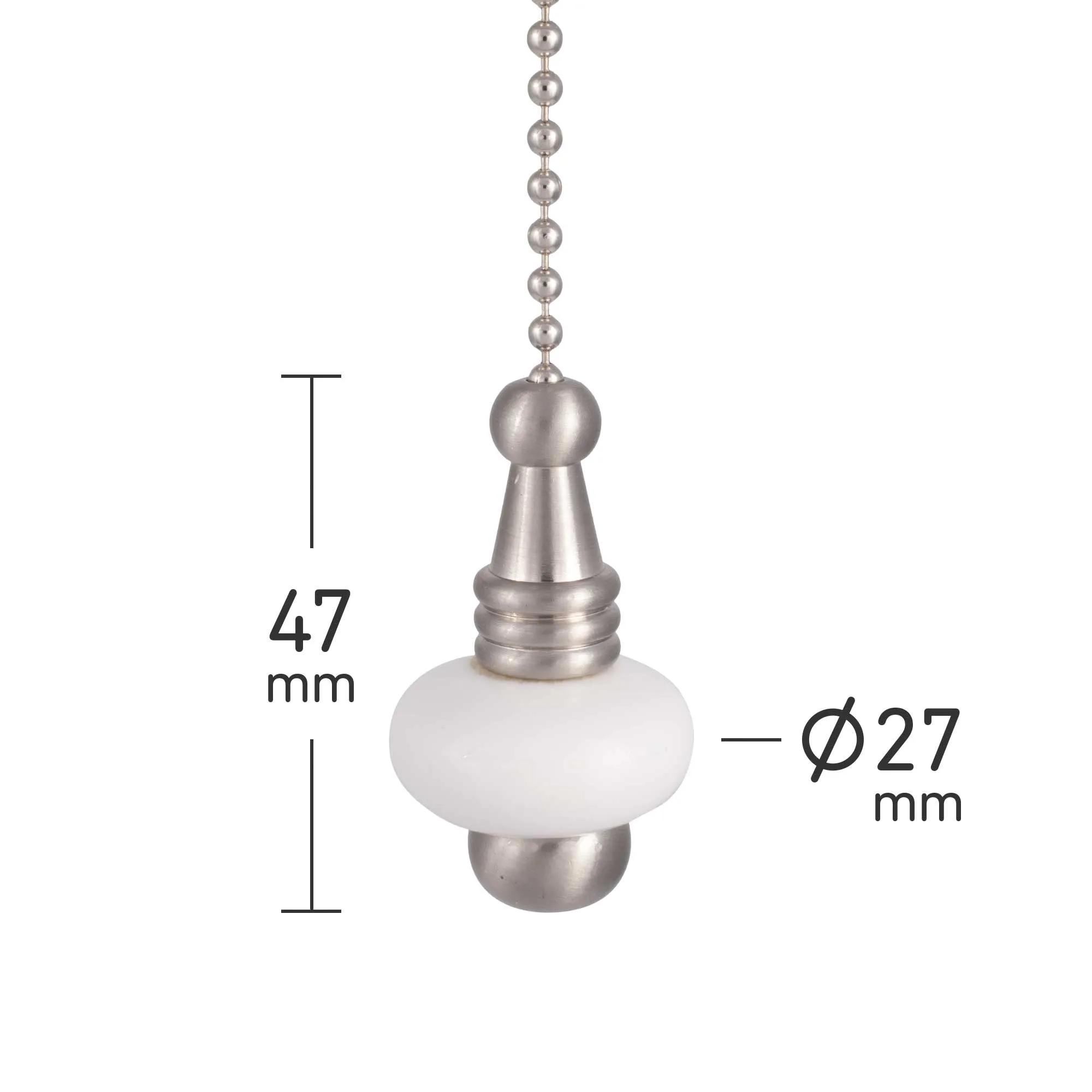 ElekTek Light Pull Chain White Ceramic Disc Brushed Steel/Nickel With 80cm Matching Chain