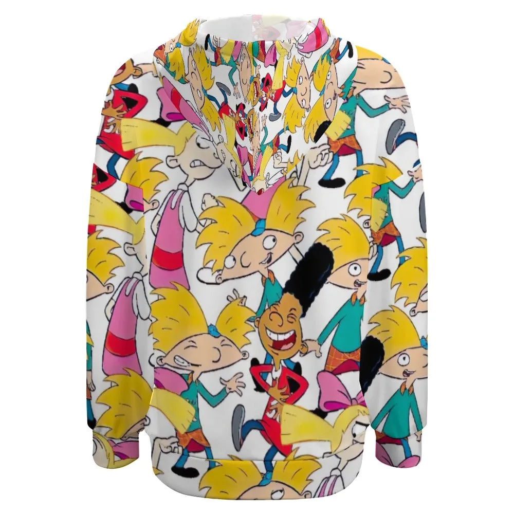 Hey Arnold! White Pattern Dropped Sleeve Hoodie