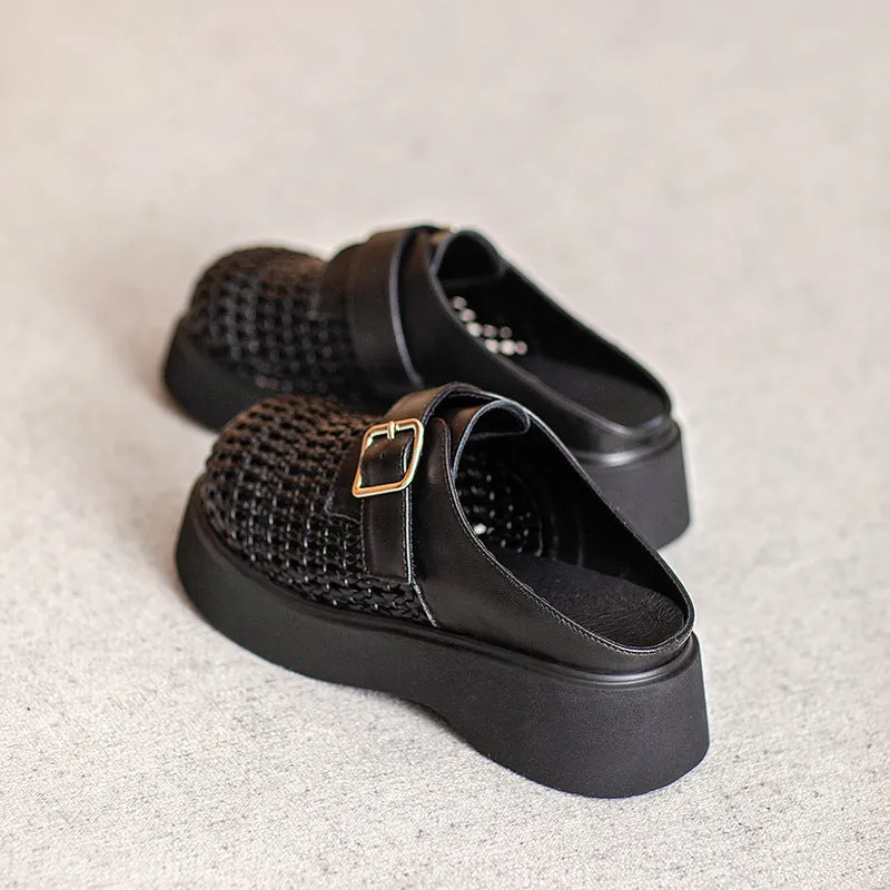 Ladies Casual Breathable Platform Sheepskin Woven Retro Slippers