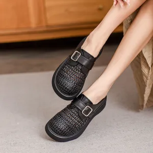 Ladies Casual Breathable Platform Sheepskin Woven Retro Slippers