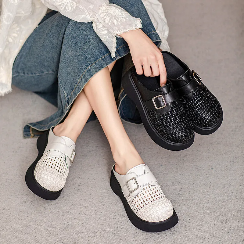 Ladies Casual Breathable Platform Sheepskin Woven Retro Slippers