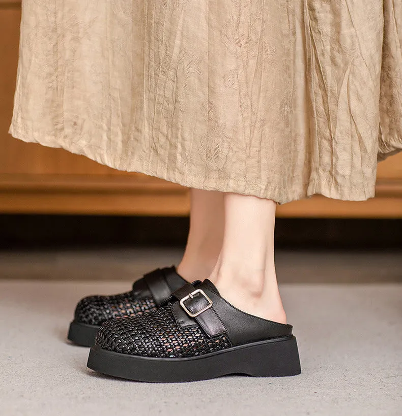 Ladies Casual Breathable Platform Sheepskin Woven Retro Slippers