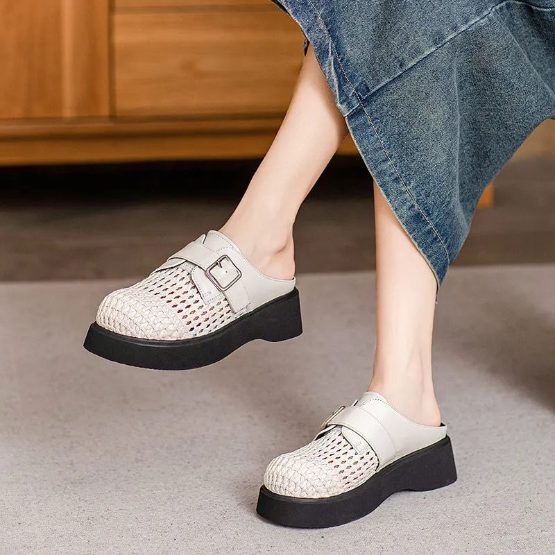 Ladies Casual Breathable Platform Sheepskin Woven Retro Slippers