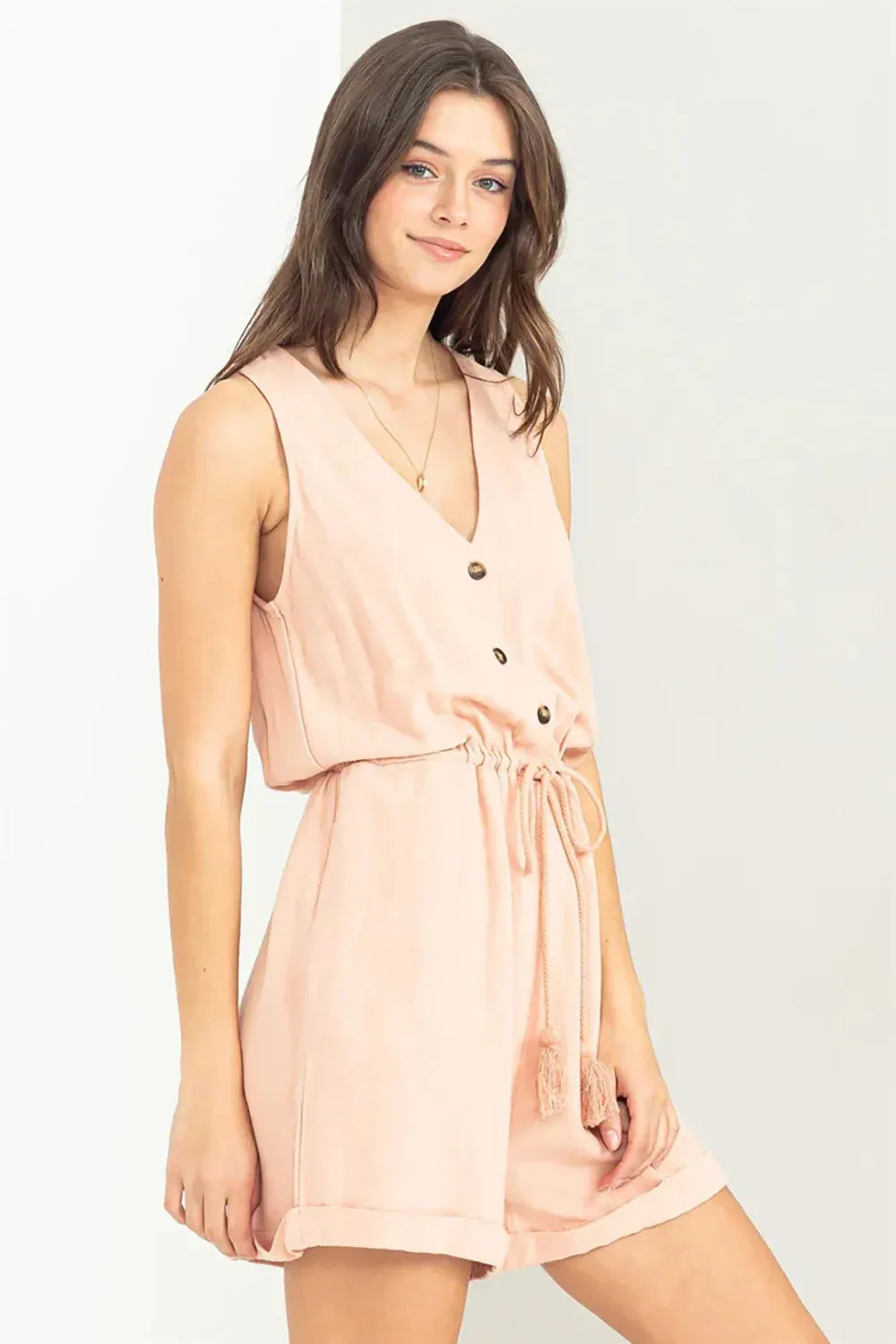 Linen Button Front V-Neck Drawstring Waist Summer Romper