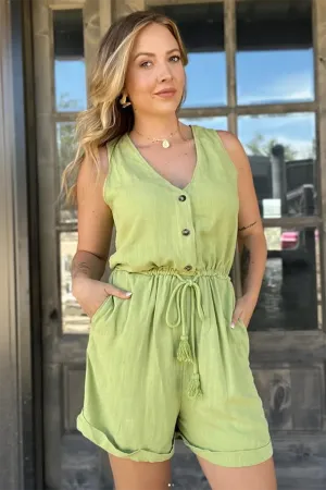 Linen Button Front V-Neck Drawstring Waist Summer Romper