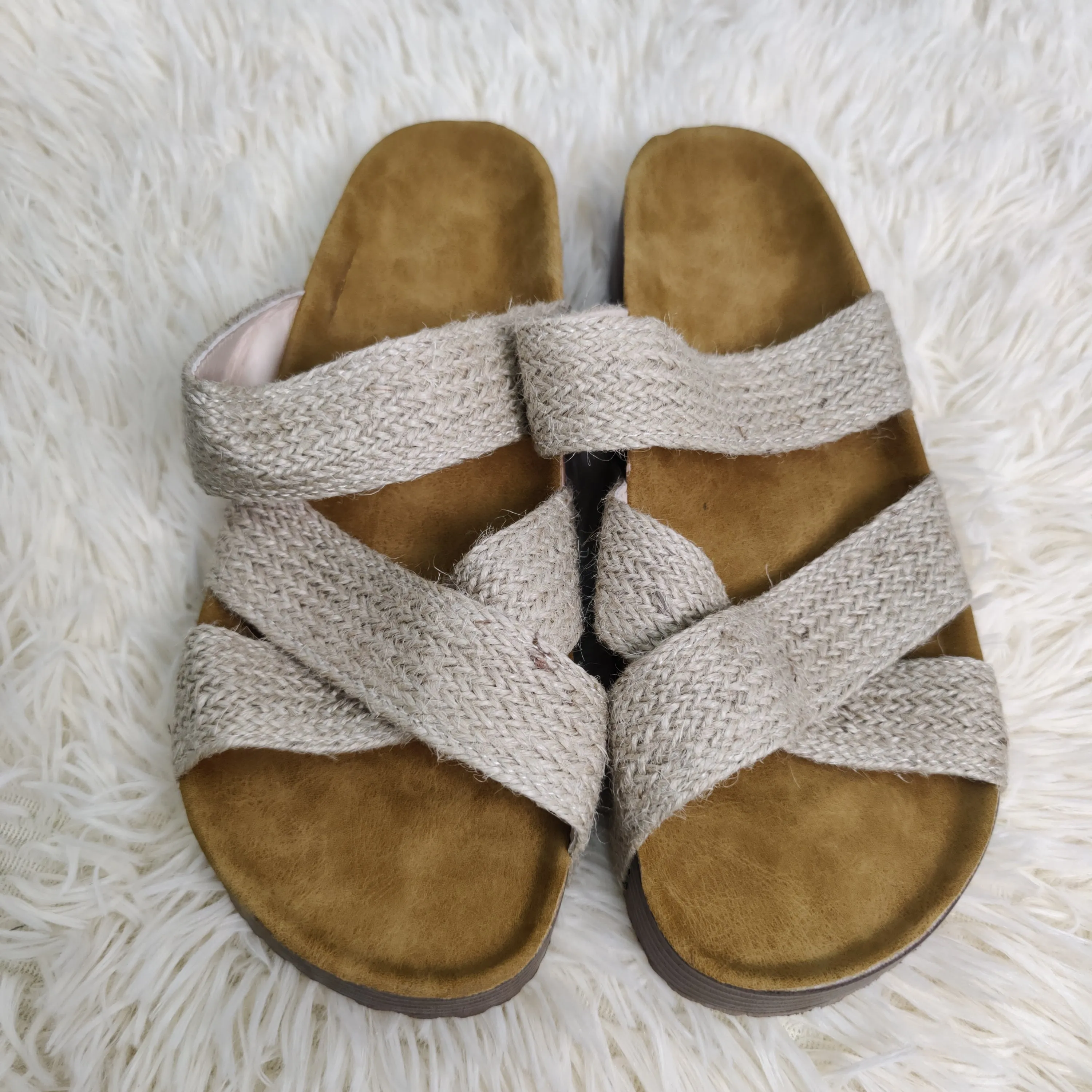 Linen Woven Cross Criss Hollowed Slip-On Slippers