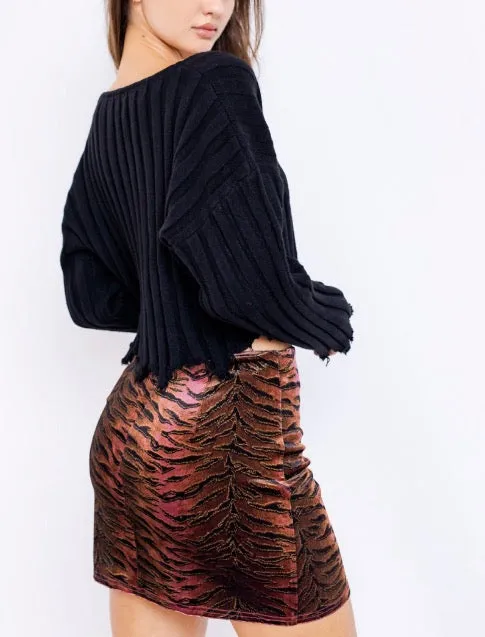 Long Sleeve Rib V Neck Distressed Cropped Sweater