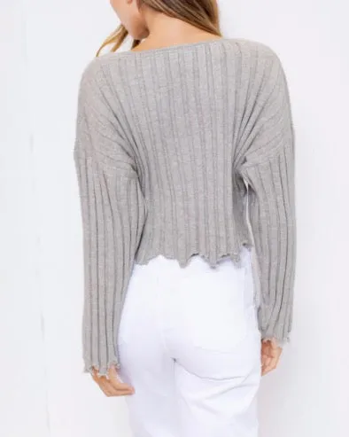 Long Sleeve Rib V Neck Distressed Cropped Sweater