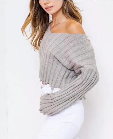 Long Sleeve Rib V Neck Distressed Cropped Sweater