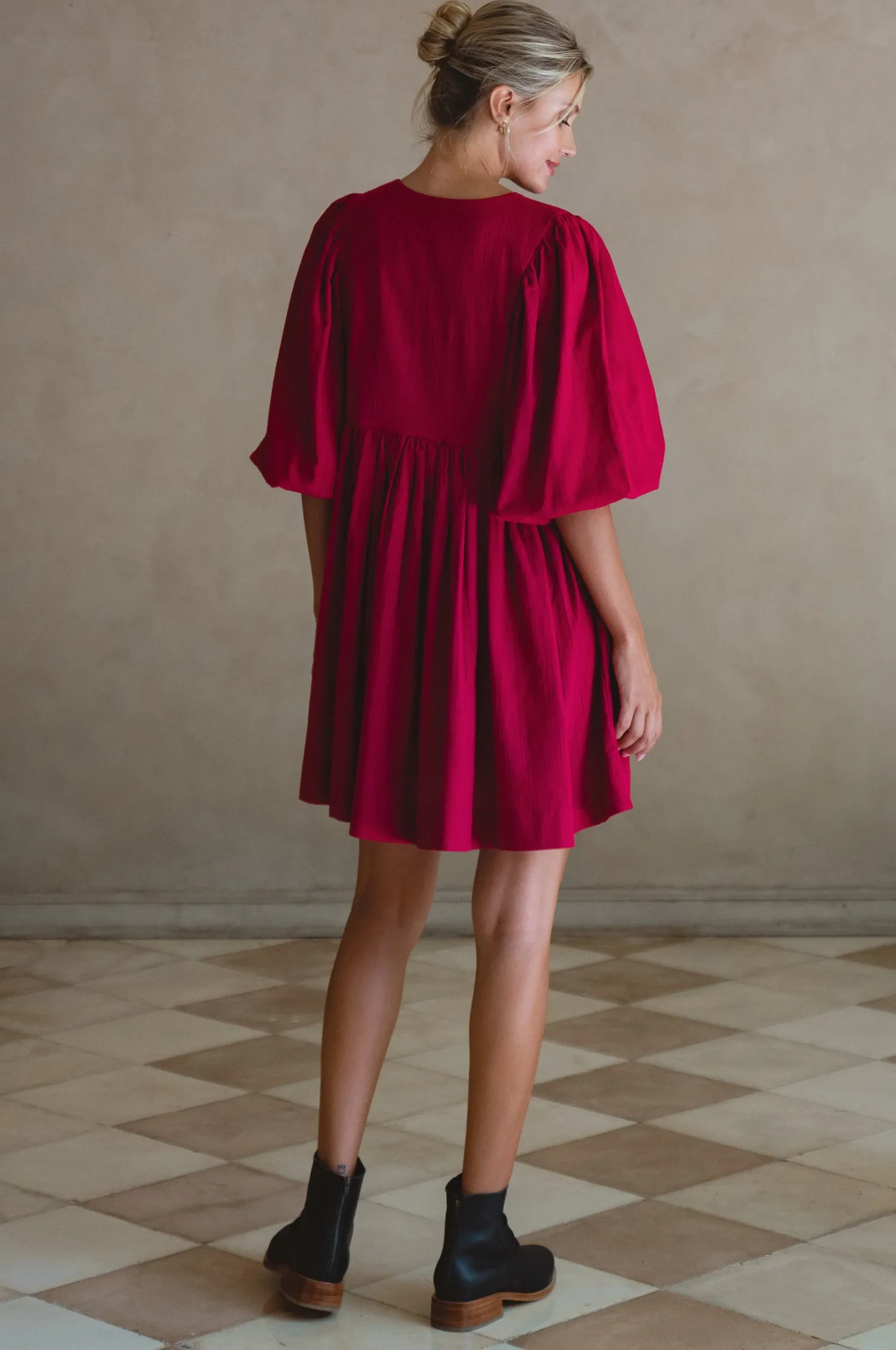 Maribelle Baby Doll Linen Dress - Sangria