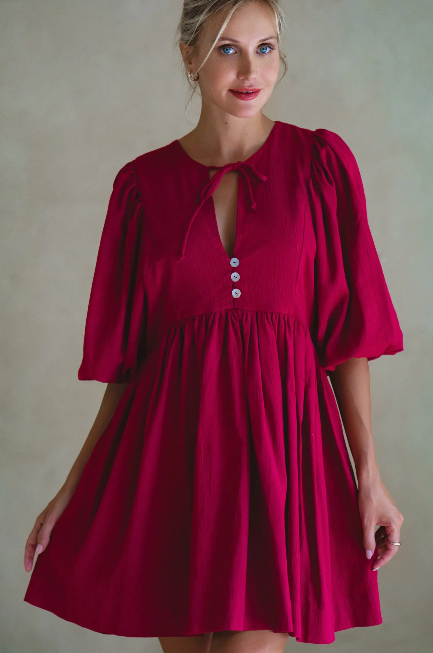 Maribelle Baby Doll Linen Dress - Sangria