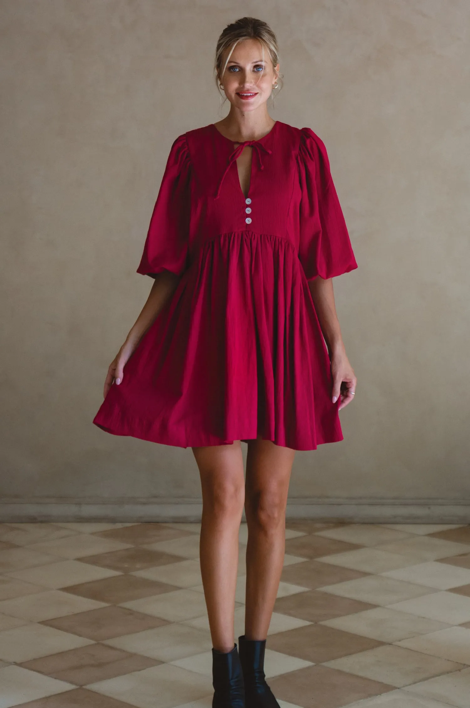 Maribelle Baby Doll Linen Dress - Sangria