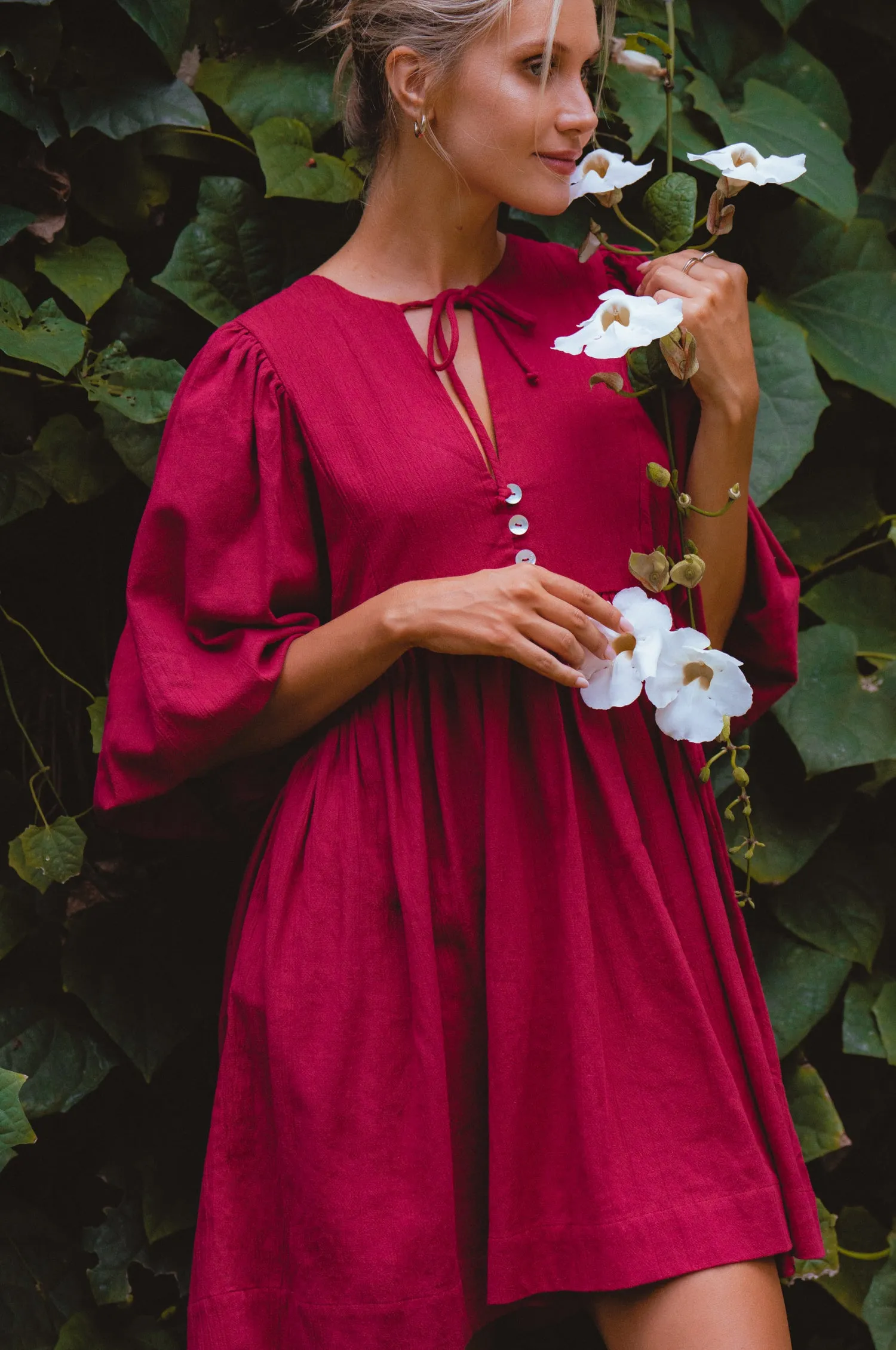 Maribelle Baby Doll Linen Dress - Sangria